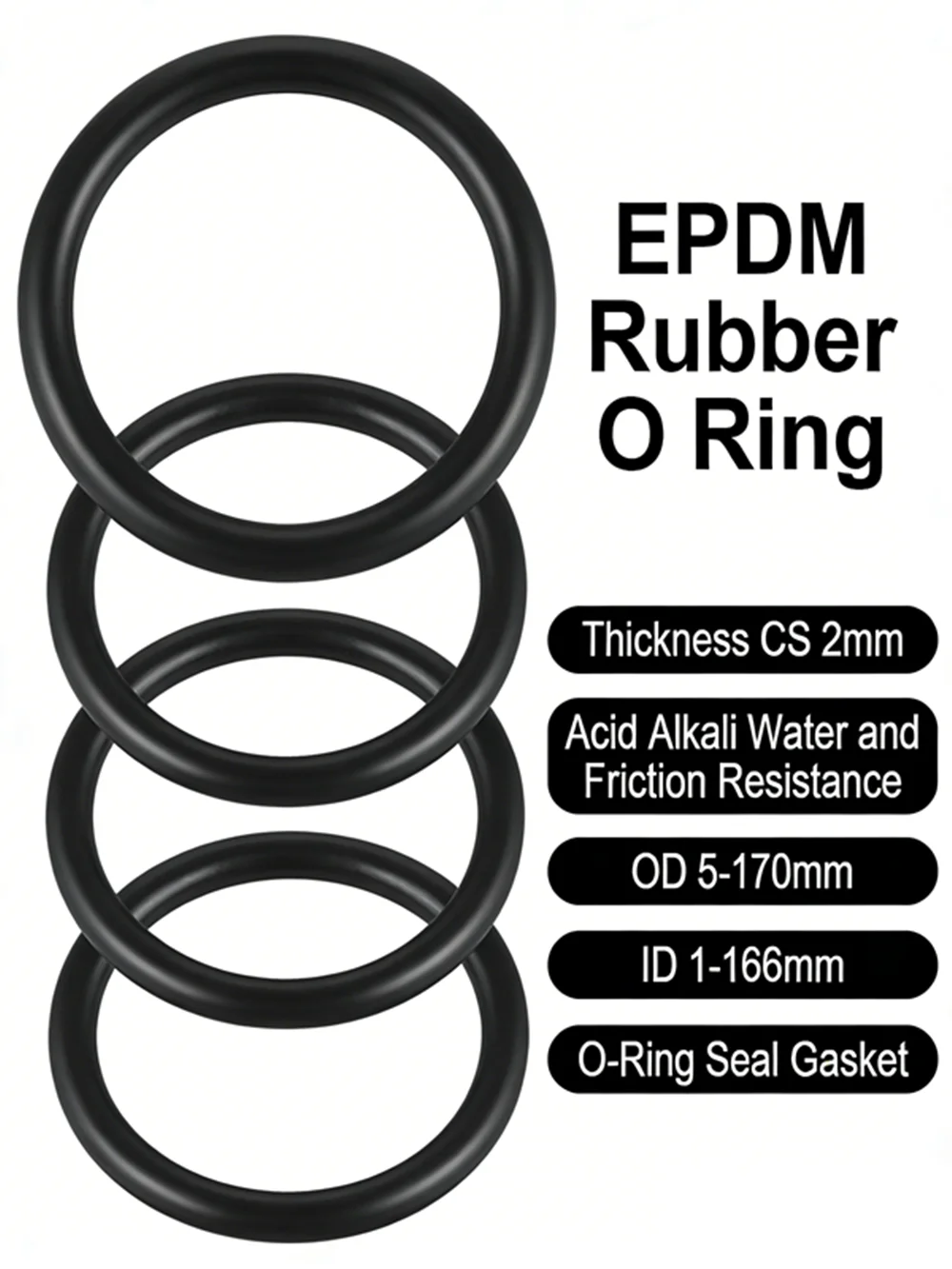 EPDM Rubber O Ring Thickness CS 2mm Acid Alkali Water and Friction Resistance OD 5-170mm ID 1-166mm O-Ring Seal Gasket Black