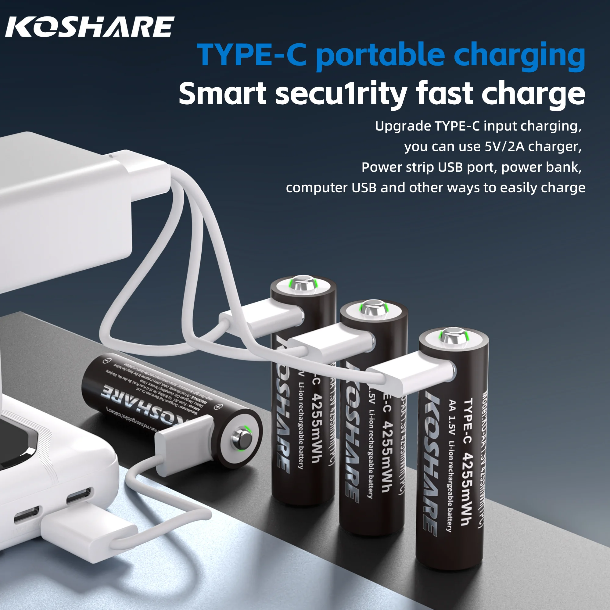 

KOSHARE 1.5V AA Lithium Battery 4255mWh Type-C USB-C Rechargeable for Remote Control Toys Smart Door Locks with Free Charger Inc