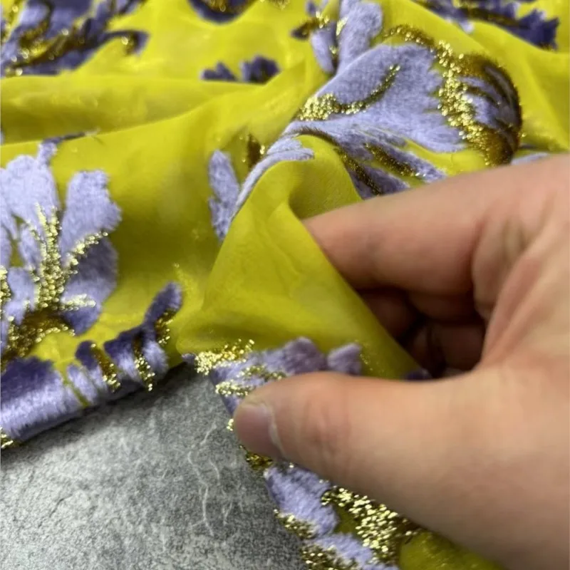 Silk velvet hand-painted fabric painted flowers three-dimensional flocking dress designer