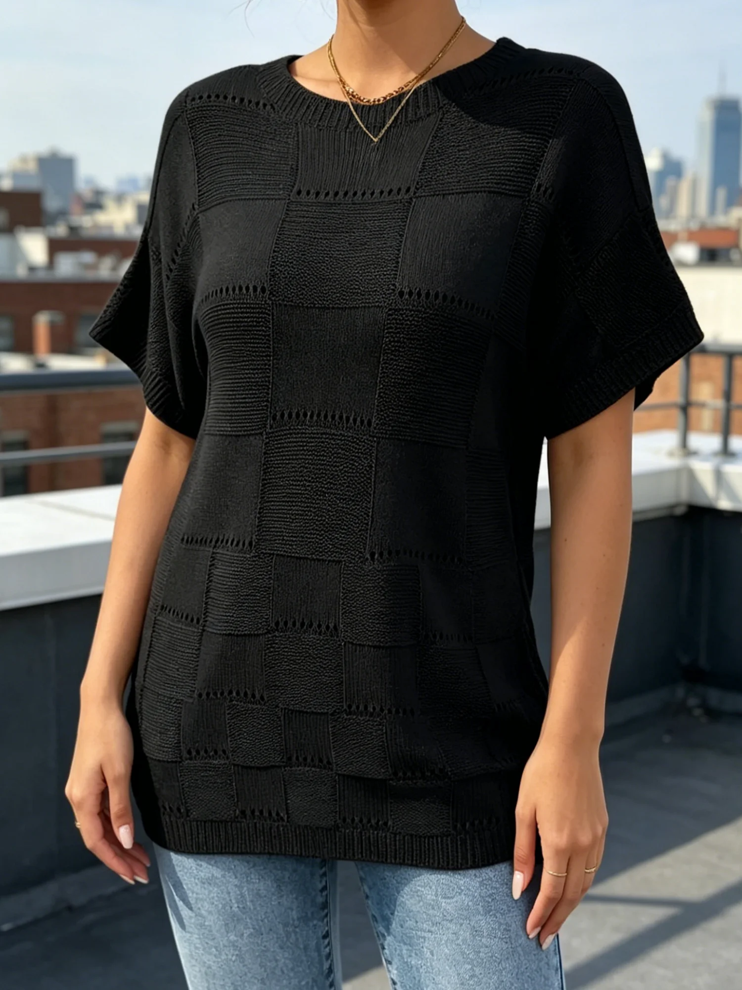 Picture 6: Women's plus size perforated knitted short sleeved shirt, elegant and fashionable women's T-shirt for spring and summer