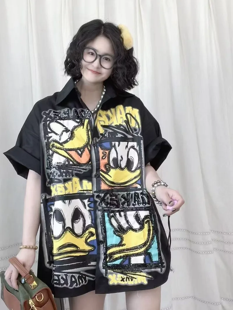 

Oversized Short Sleeved Tops Trendy Brand Summer Heavy Craft Cartoon Donald Duck Print Sequin Loose Versatile Shirts for Women