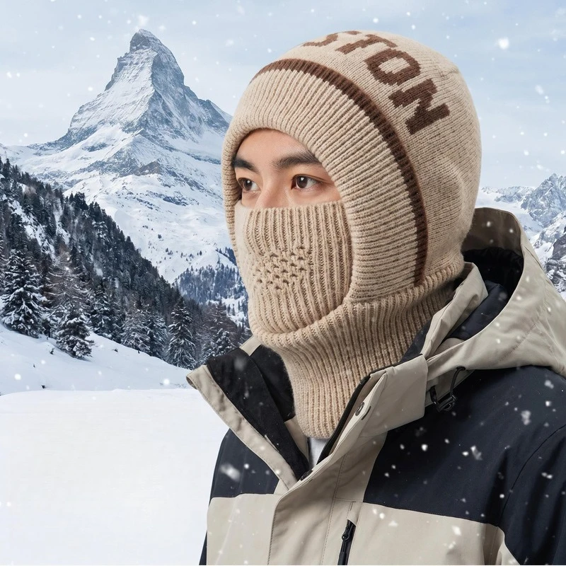 Balaclava Winter Knit Hat Scarf Mask Integrated Thick Warm Beanie Unisex Windproof Ski Cycling Neck Warmer Boston Jacquard Cap