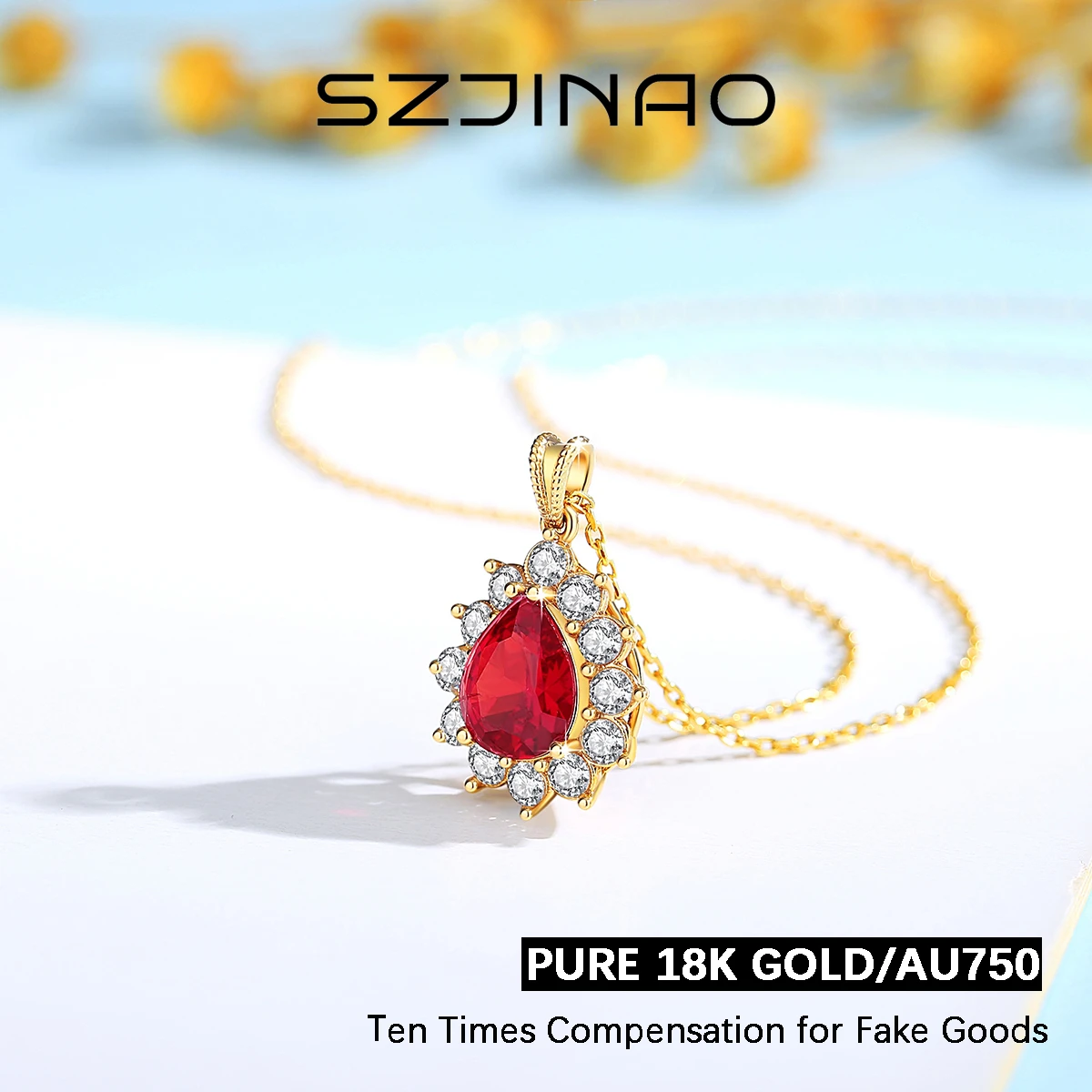 

Original Design 100% 18K Gold Pendant Ruby Red Corundum Necklaces for Women Anniversary Party Gift High Jewelry