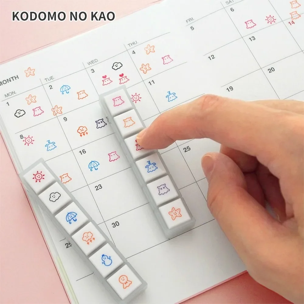 KODOMO NO KAO Pochitto 6 Button Type Handbook Stamp Kids Cute Weather Icons DIY Calendar Marking Oil-based Stamps