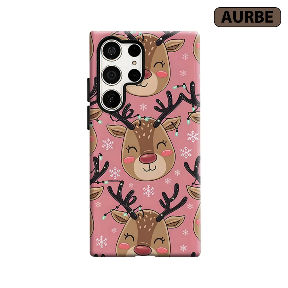 Pink Xmas Reindeer Phone Case For Samsung Galaxy S26 S25 S24 S23 Ultra Plus HD Hard Double Layer Film Cover
