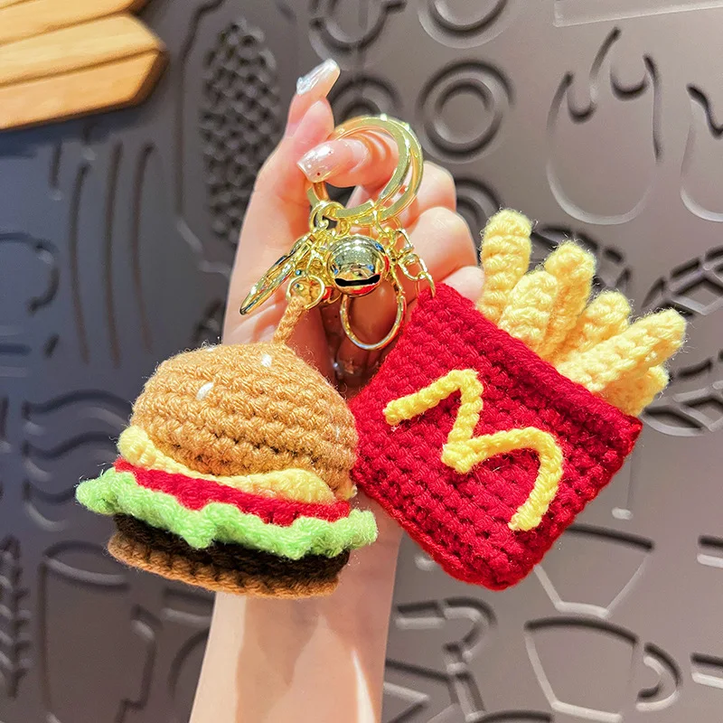 New Personalized Creative Plush French Fries Burger Fun Wool Crochet Couple Bag Pendant Keychain Gift