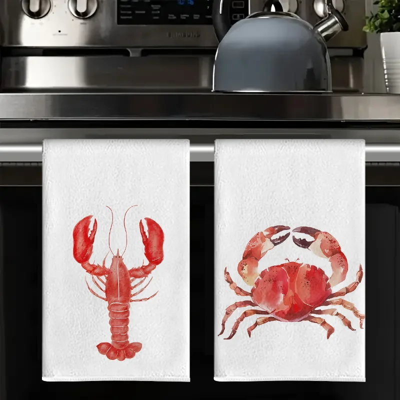 2Pcs, Watercolor Lobster and Crab Style Kitchen Towels, Super Absorbent Soft Cleaning Cloth, Cooking and Baking Tea Towels, Tea Towels, Hand Towels, Cleaning Cloths, Dishcloths, Kitchen Decoration, Living Room Decorations, Kitchen Essentials, Home Essentials