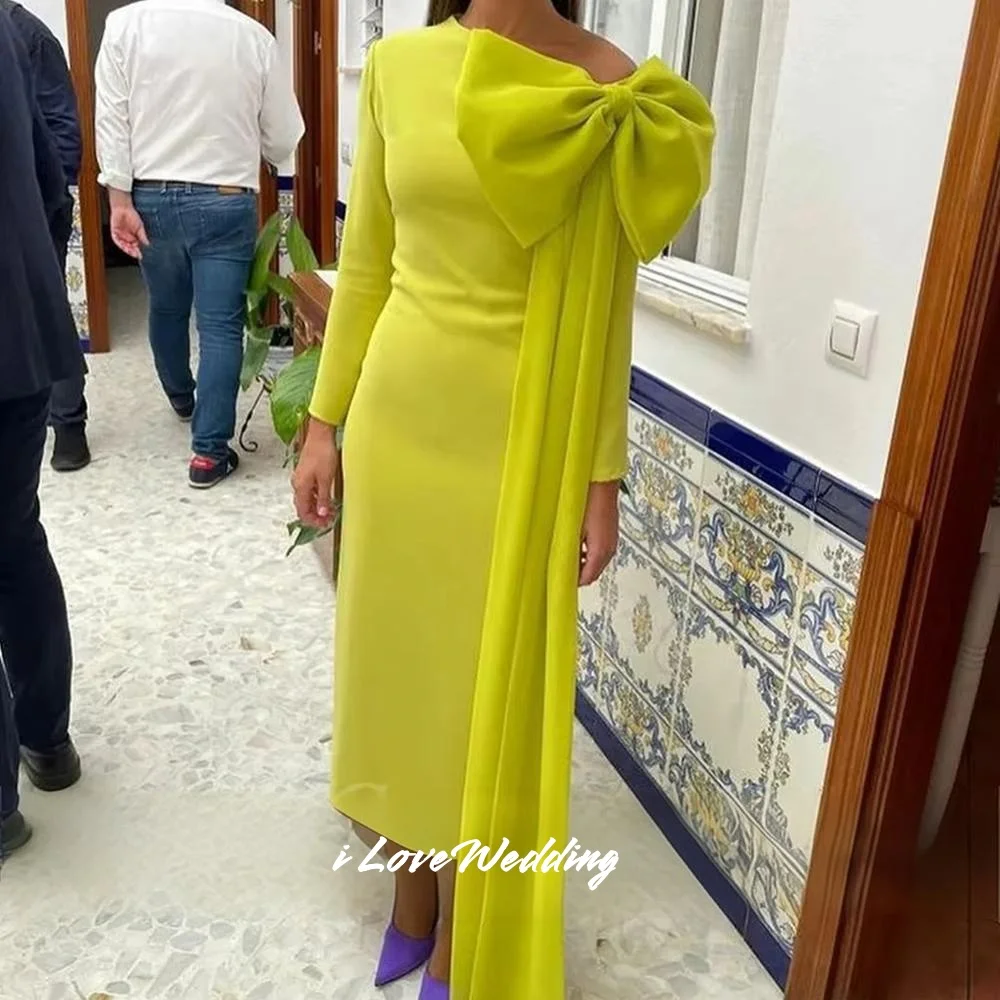 

Green Bow Evening Dresses 2025 Satin Long Sleeve Mermaid Pleated Prom Dress Elegant Ankle-Length Wedding Party Dress Customized