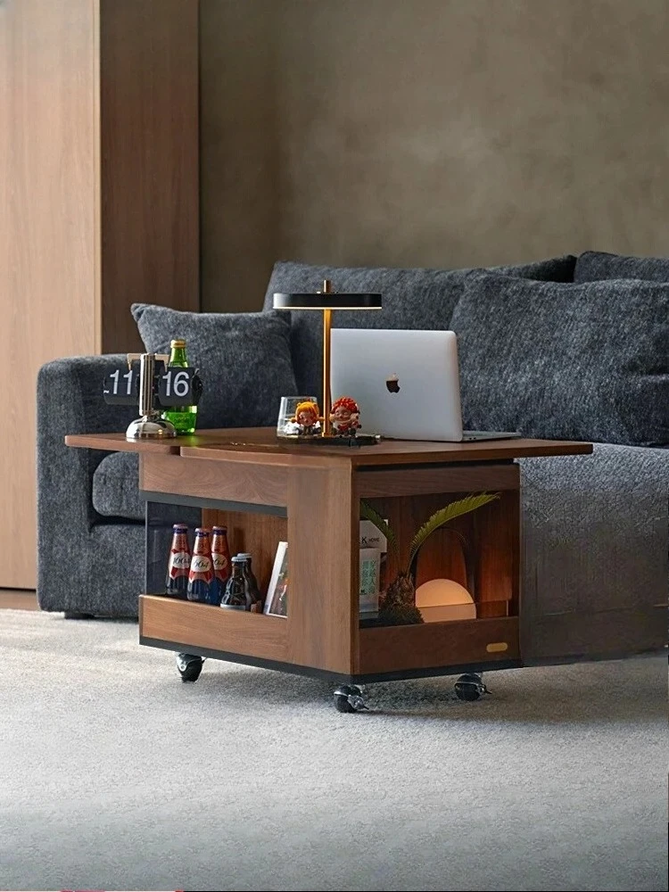 Sofa side cabinet foldable flip solid wood movable trolley rotating coffee table