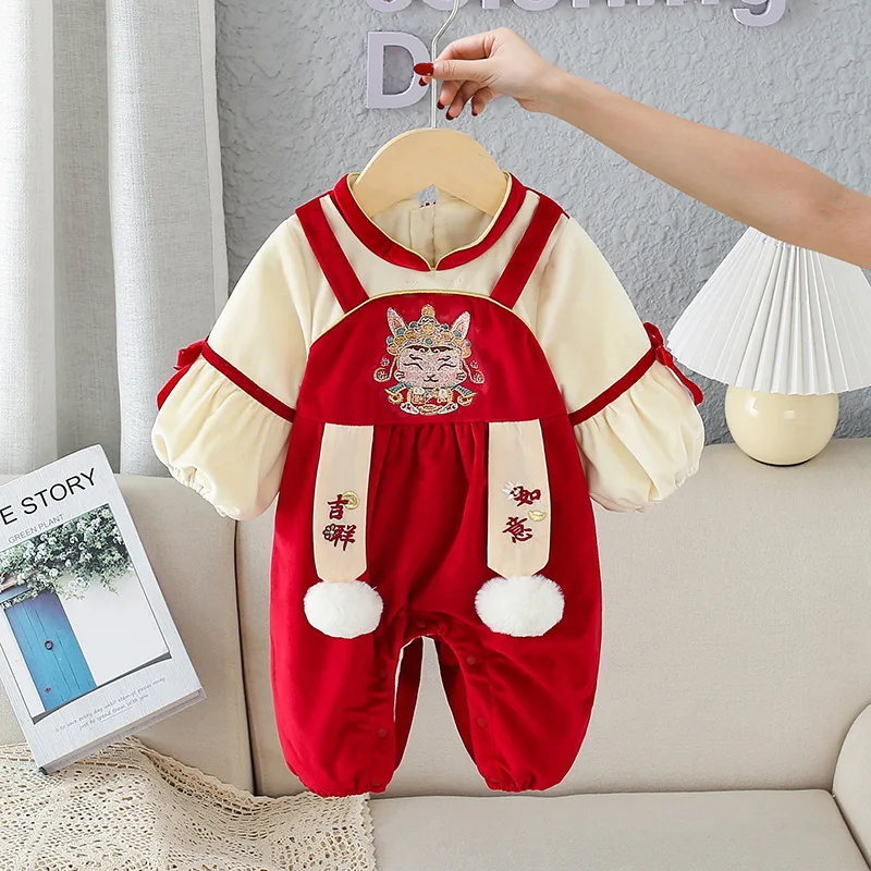 Newborn Winter Thicken Romper New Year Red Jumpsuit Baby Chinese Traditional Costumes Clothing Outfits Set