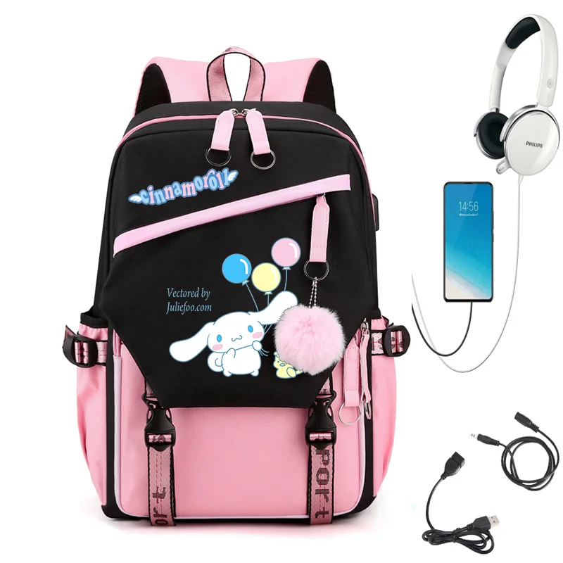 

Рюкзак Sanrio Cinnamoroll для девочек и мальчиков, детский рюкзак для подростков, мужские и женские повседневные школьные сумки, рюкзаки с зарядкой через USB