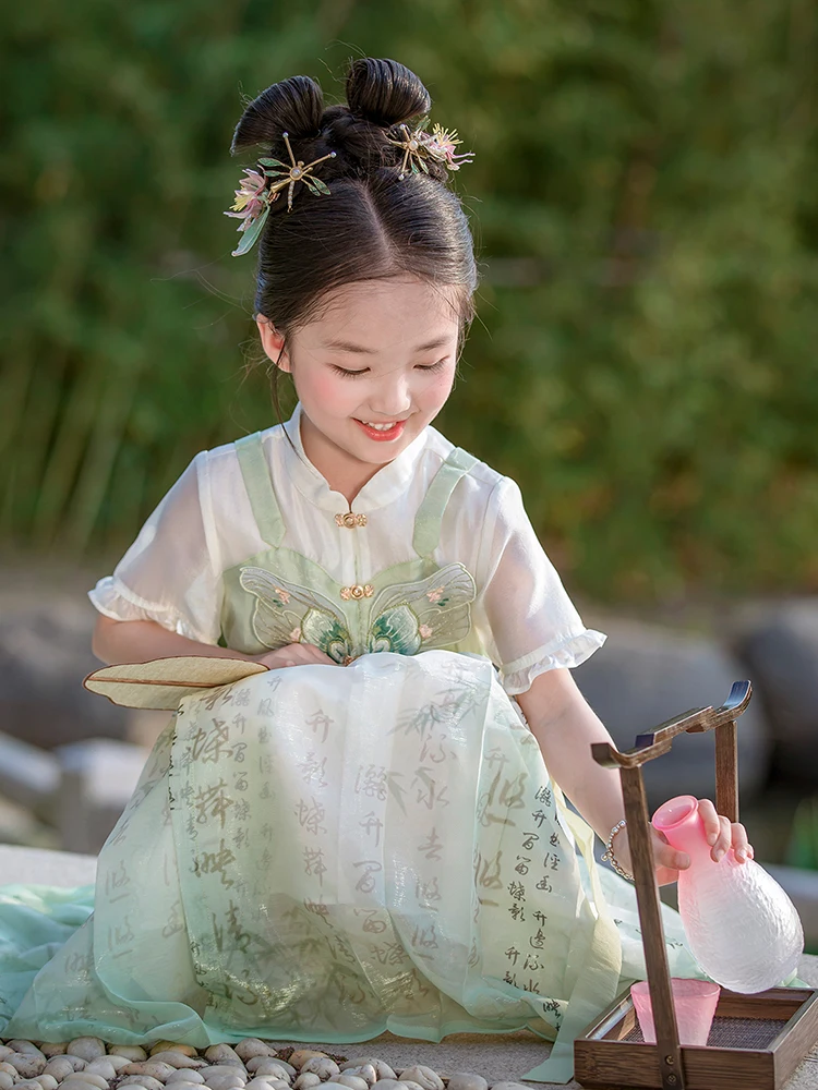 هانفو فستان صيفي للفتيات ، زي تانغ للطفل ، بدلة تانغ ، خرافية فائقة ، تنورة صينية ، طراز عتيق