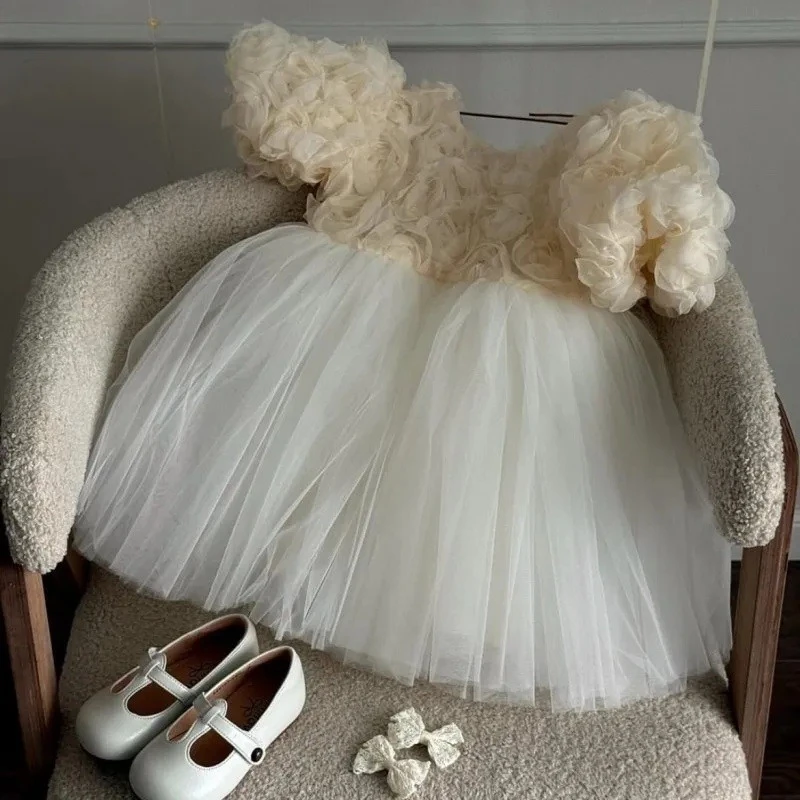 Customized Flower Girls Dresses Vintage Ivory Satin Pearls Top With Bow For Wedding Birthday Party Princess Baptism Gowns