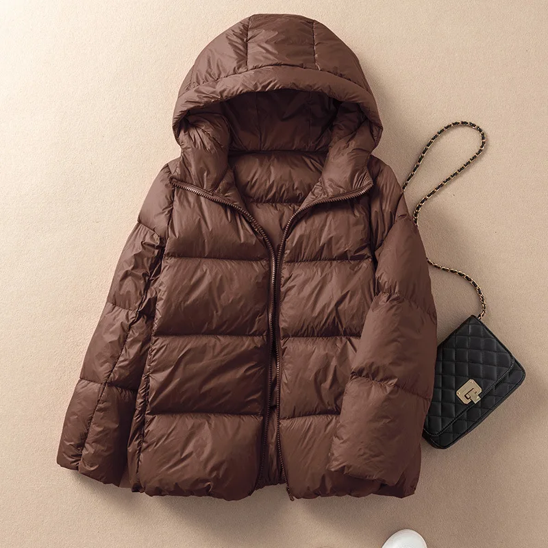 Winter Simple Hooded Down Jacket American Casual Fashion Loose Solid Color Versatile Women's Warm Puff White Duck Down Coat