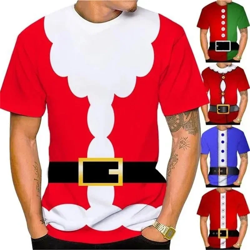 Camiseta de Papai Noel estampada em 3D masculina, manga curta, casual, engraçado, camiseta feliz natal, top, streetwear, roupas masculinas