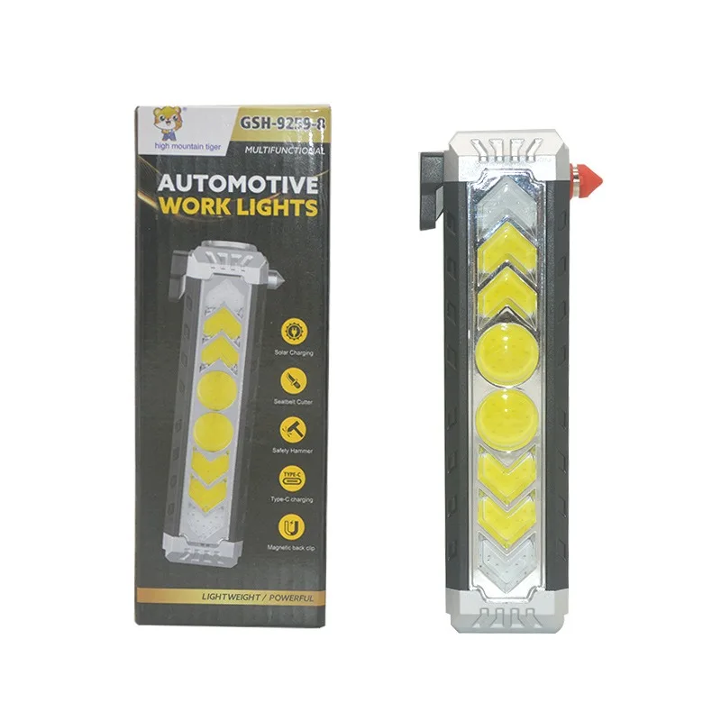Nouvelle lampe de travail de réparation automobile multifonction COB-Super lumineuse, Rechargeable, Portable, marteau de sécurité, batterie longue