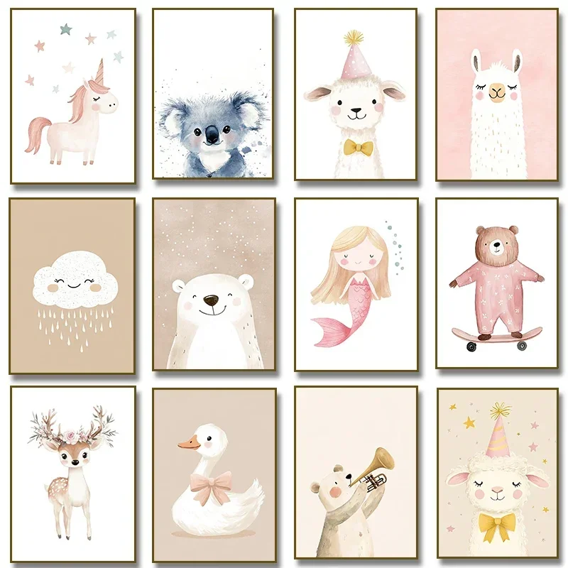 (No frame)Cute Watercolor Unicorn Mermaid Llama Goose Deer Bear Poster Canvas Painting Print for Kids Room Nursery Home Decor