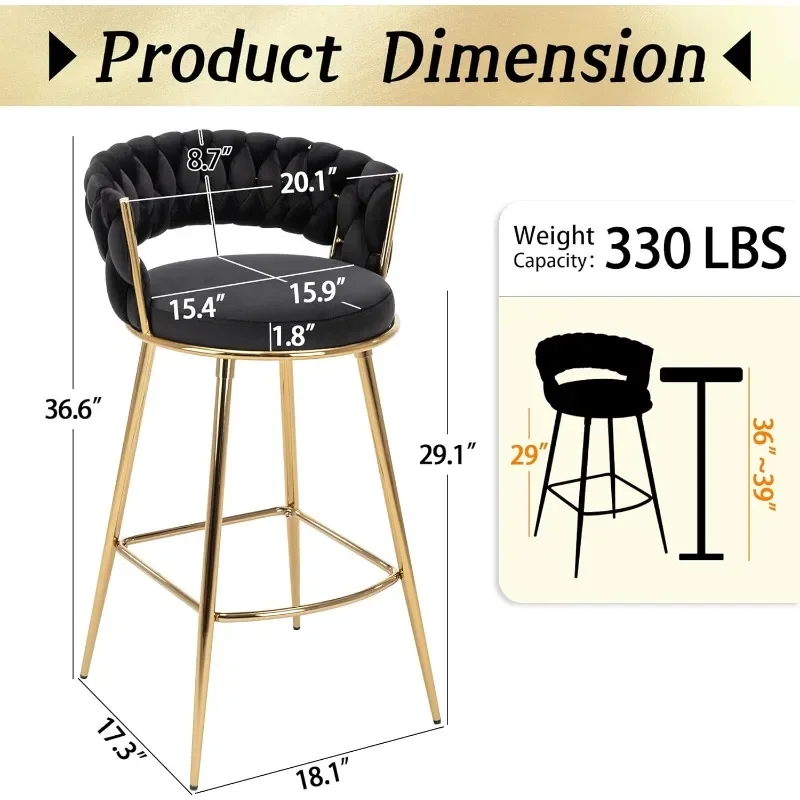 Modern Bar Stools Set of 2, Velvet Counter Stools, Bar Chairs with 29 Inches Height Comfy Seat, Handmade Woven Back Armrest