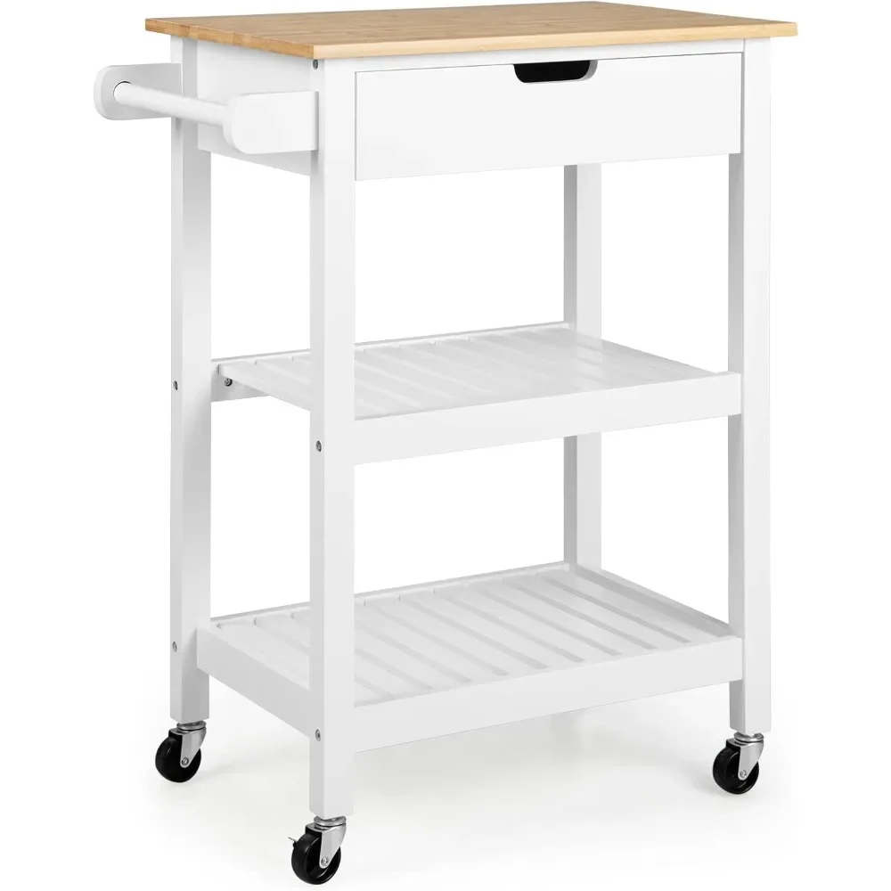 

Kitchen Island Cart with Storage, Rolling Bamboo Kitchen Cart on Wheels, w/Pull-Out Drawer, Towel Handle, 2 Open Shelves, Mobil
