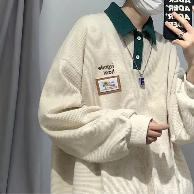 

Foufurieux Waffle Polo Oversized Sweatshirt Men Clothing Autumn Trendy Loose Japanese Retro Casual Black Pullovers Men Tops