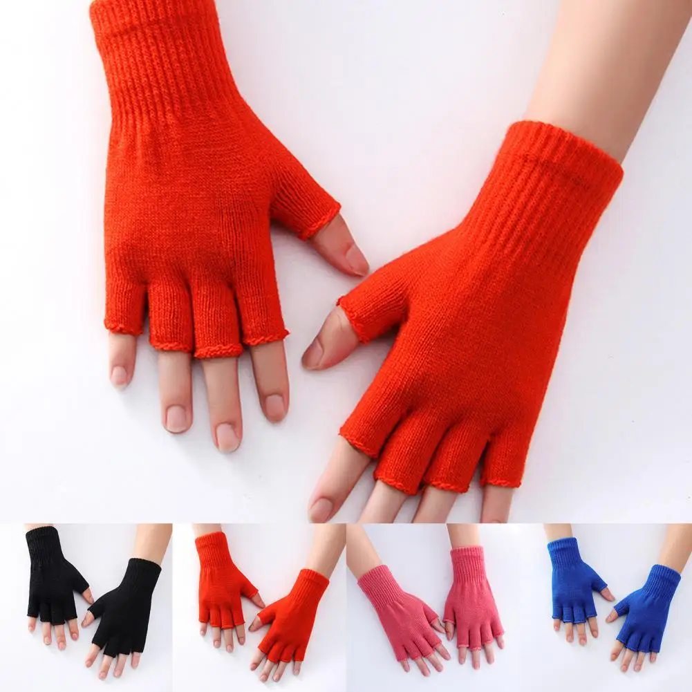 1 Pair Half Finger Gloves Warm Stretchable Acrylic Fiber Fingerless Gloves Comfortable Soft Winter Gloves For Women