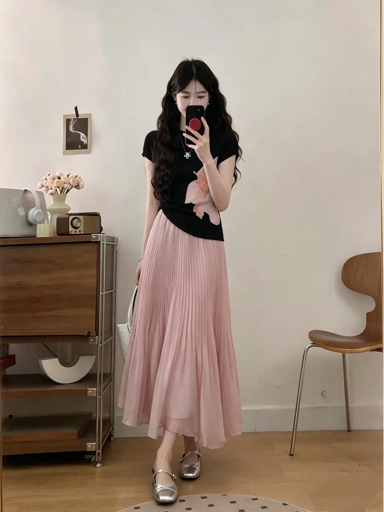 

Summer Beautiful plus Size Women's Outfit round Neck Floral Top High Waist Skirt Stylish Two Piece Set Casual Commute Wear