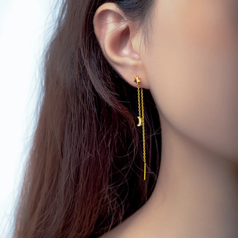 Stylish Star Moon Pendant Long Tassel Earrings Waterproof Gold Plated Stainless Steel Fashion Ear Wire Accessories For Women