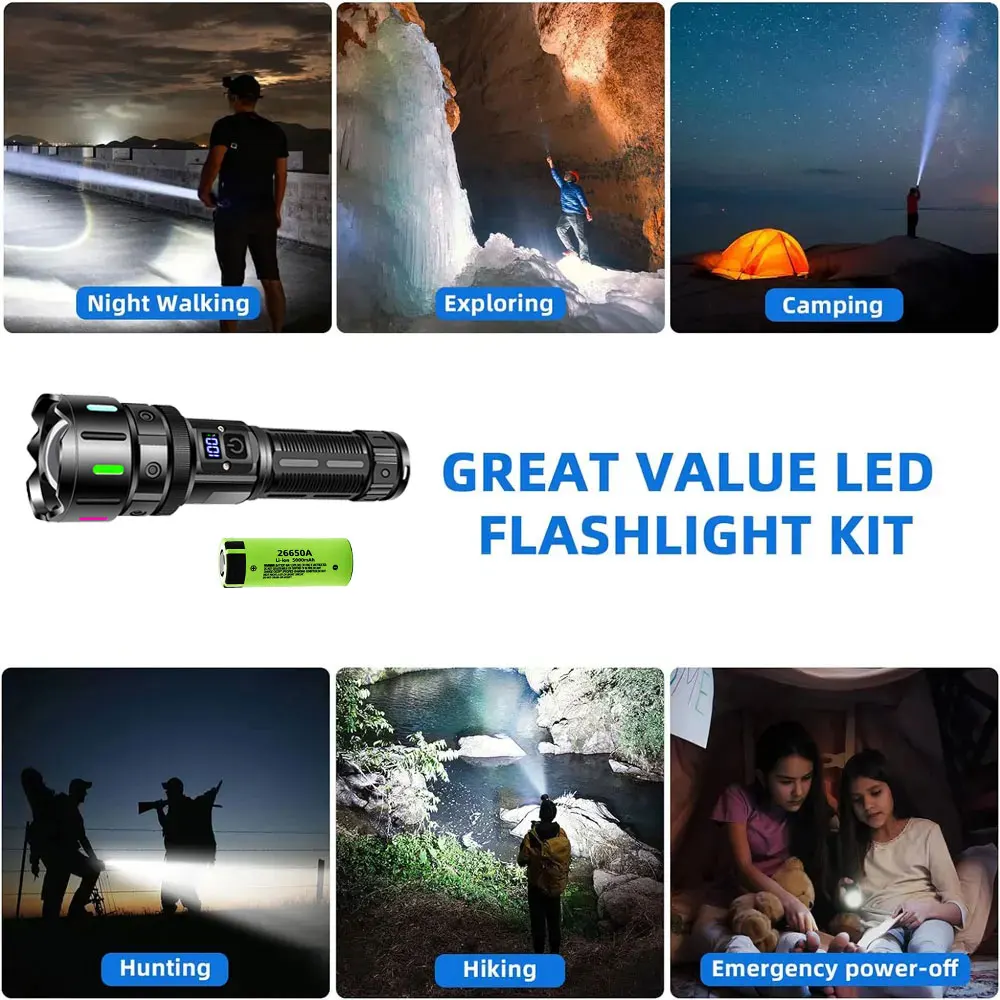 900000LM Rechargeable Flashlight Super Bright Flash Lights Battery Powered Handheld Tactical Flashlights for Emergencies Fishing