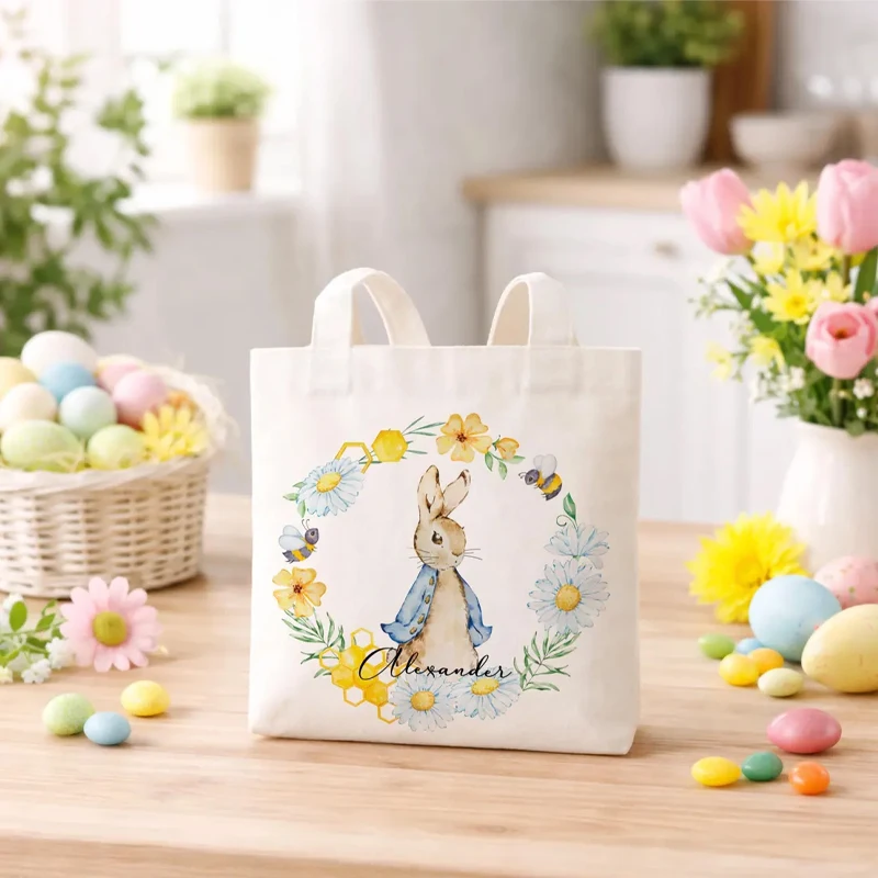 

Персонализированная сумка-тоут с цветочным узором и кроликом для детей, корзина для игры в поиск яиц, украшение для пасхальной вечеринки, подарок, праздничные аксессуары