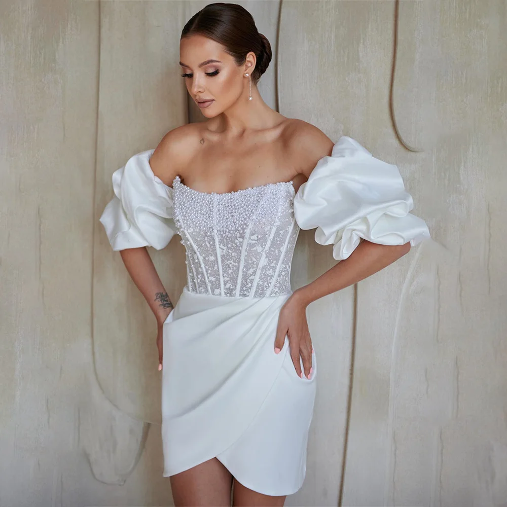 

Detachable Short Puff Sleeves Beaded Scoop Neckline Sheath Mini Wedding Dresses Custom Made 2026 Vestido De Noival