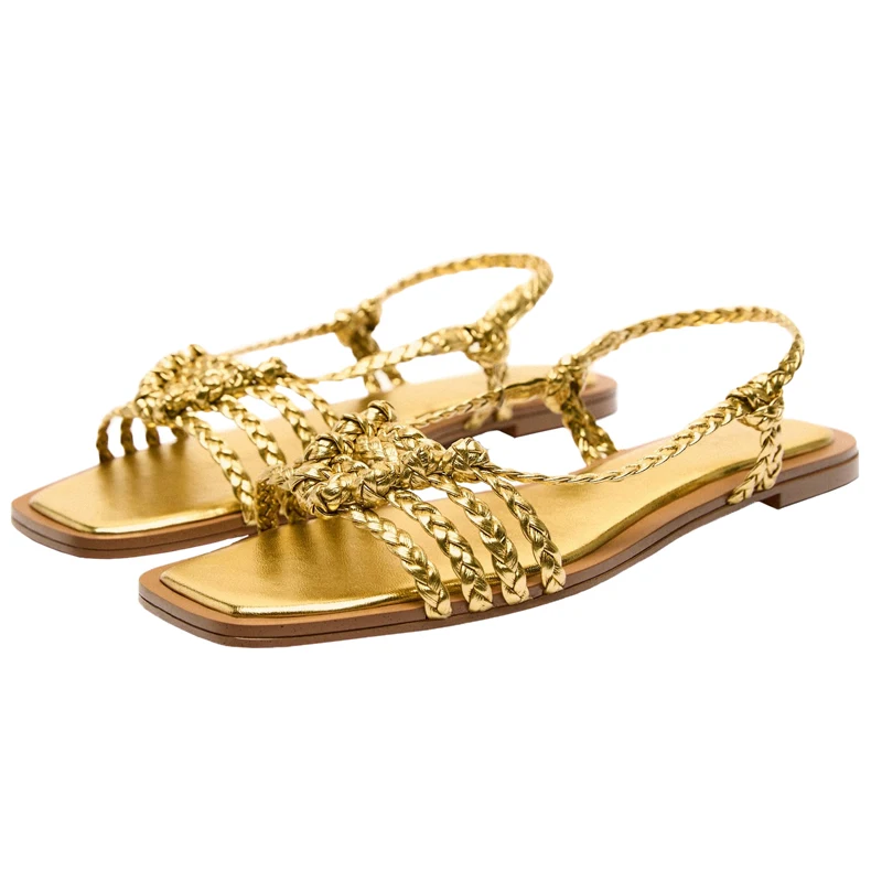 2023 Summer Modern Sandals Women New Fashion Braided Gold Roman Sandals Female Casual Flats Sandals Bohemian Shoes Woman Slides