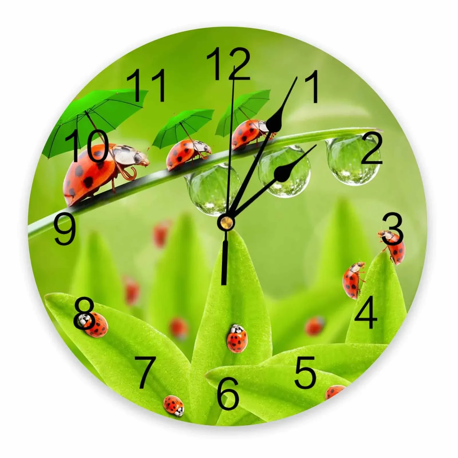 Plant Green Leaf Umbrella Ladybug Decorative Round Wall Clock Custom Design Non Ticking Silent Bedrooms Large Wall Clock