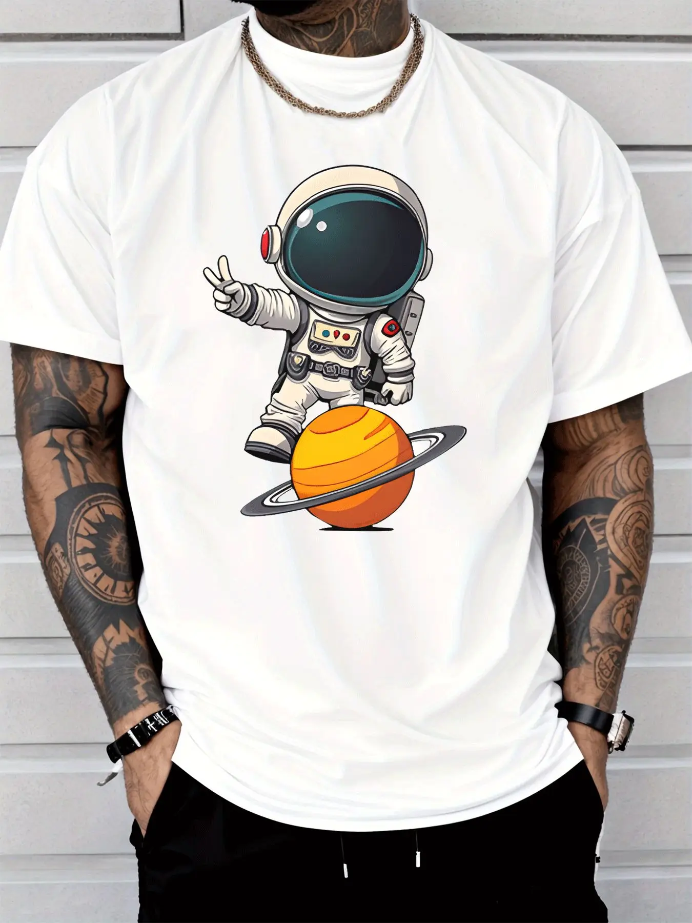Men Crew Neck Tee Cartoon Astronaut Saturn Planet Graphic Print Short Sleeve Loose Mens Summer Soft Cotton Casual Street Top
