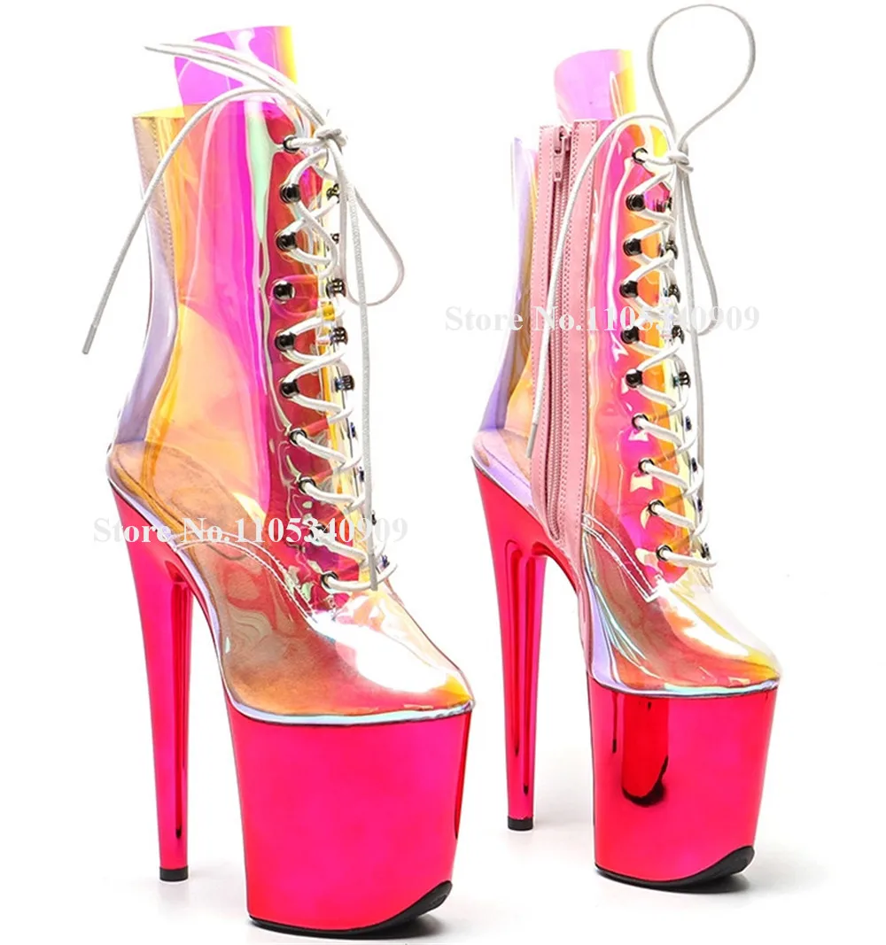 

Bondarenko Pink Patchwork Iridescent PVC Stiletto Heel Short Boots Round Toe Transparent High Platform 20cm Thin Heel Dance Shoe