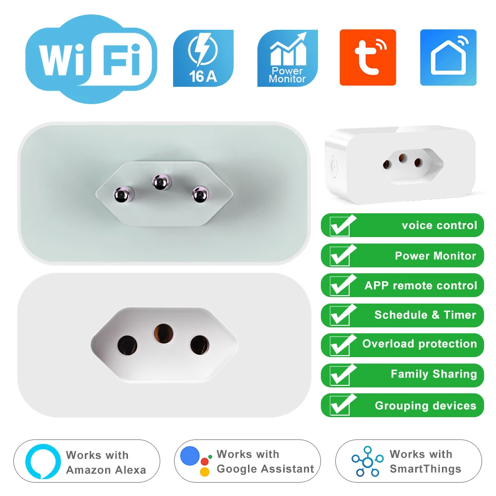 Tuya 16A Brazil Standard WiFi Smart Plug with Power Monitor Smart Life APP Smart Socket Voice Work for Google Home Alexa