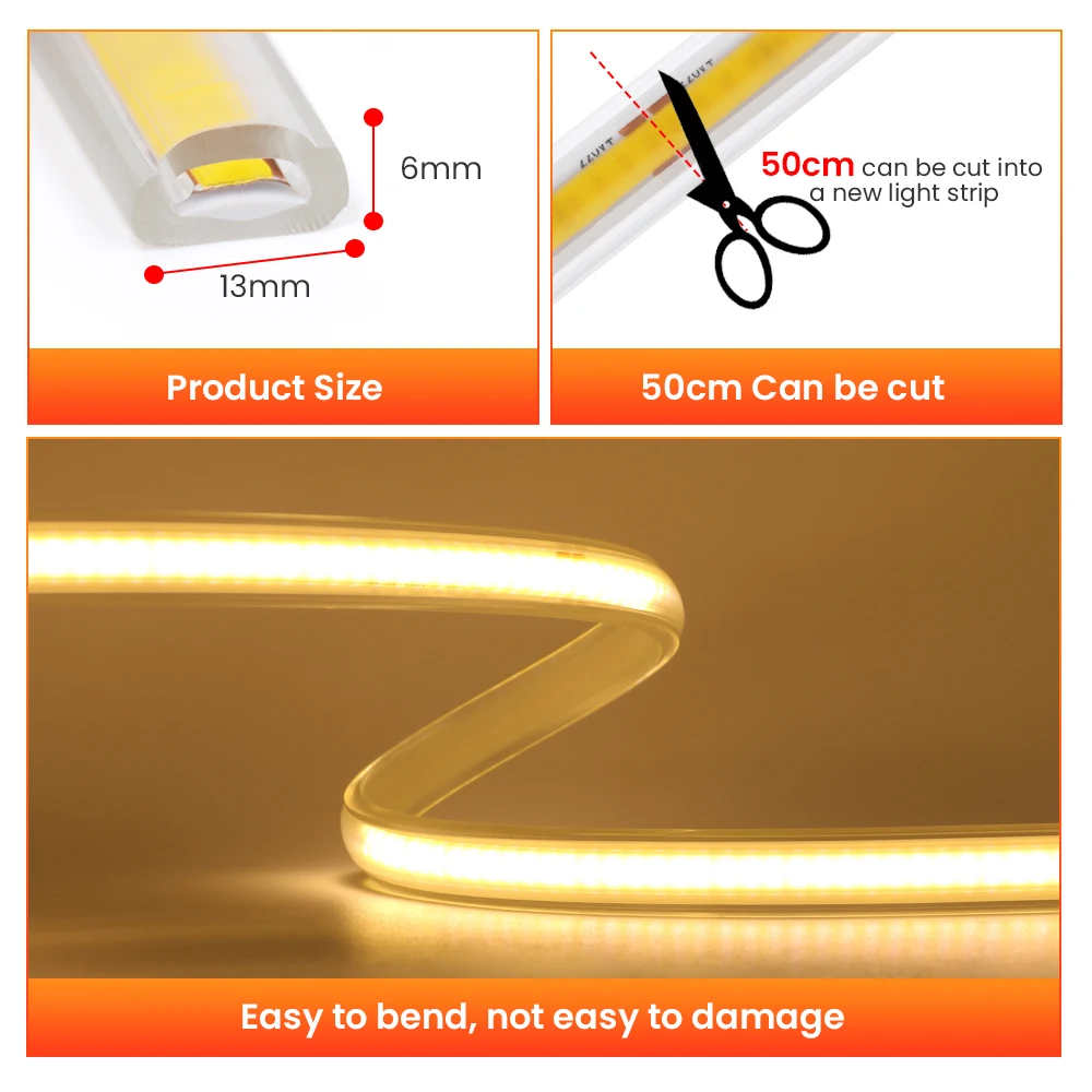 COB LED Strip AC 220V Waterproof 288Leds/M Warm/Natural/Cool White Garden Decor Flexible Ribbon Tape Light Strip