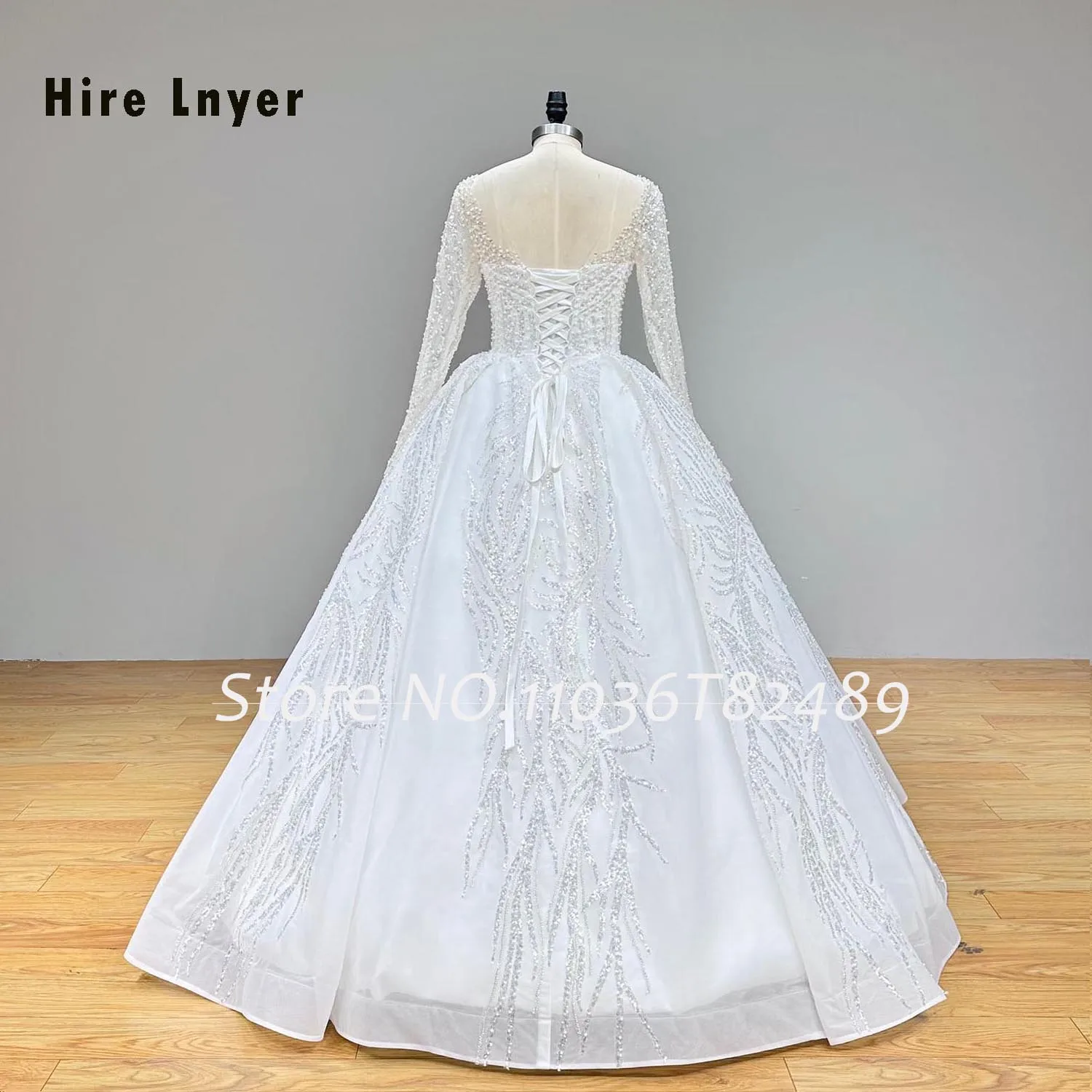 Hire Lnyer Long Sleeve Lace Up Back All Over Beading Pearls Sequins Shiny Ball Gown Wedding Dresses Real Office Photos Video