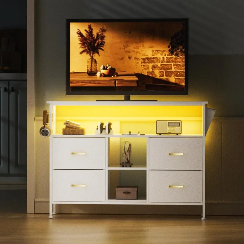 

Dresser TV Stand, with Power Outlet for 50'' TV, White TV Stand with LED, Storage Cabinet TV Stand, Entertainment Center