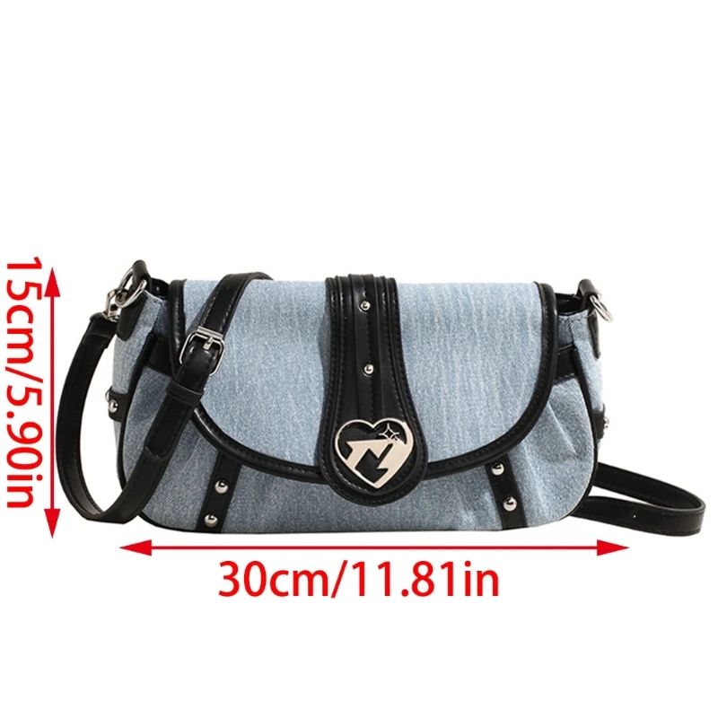 ผู้หญิง Denims กระเป๋าสะพาย Punk Heart Buckled Crossbody กระเป๋ากระเป๋าถือขนาดเล็ก E74B