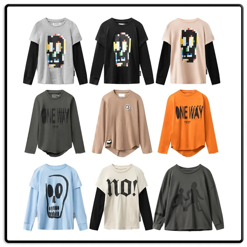 

Boys' T-shirt 2024 Autumn New Item, Two Piece Long Sleeved Base Shirt for Children's Vacation, Made of Pure Cotton for Warmth