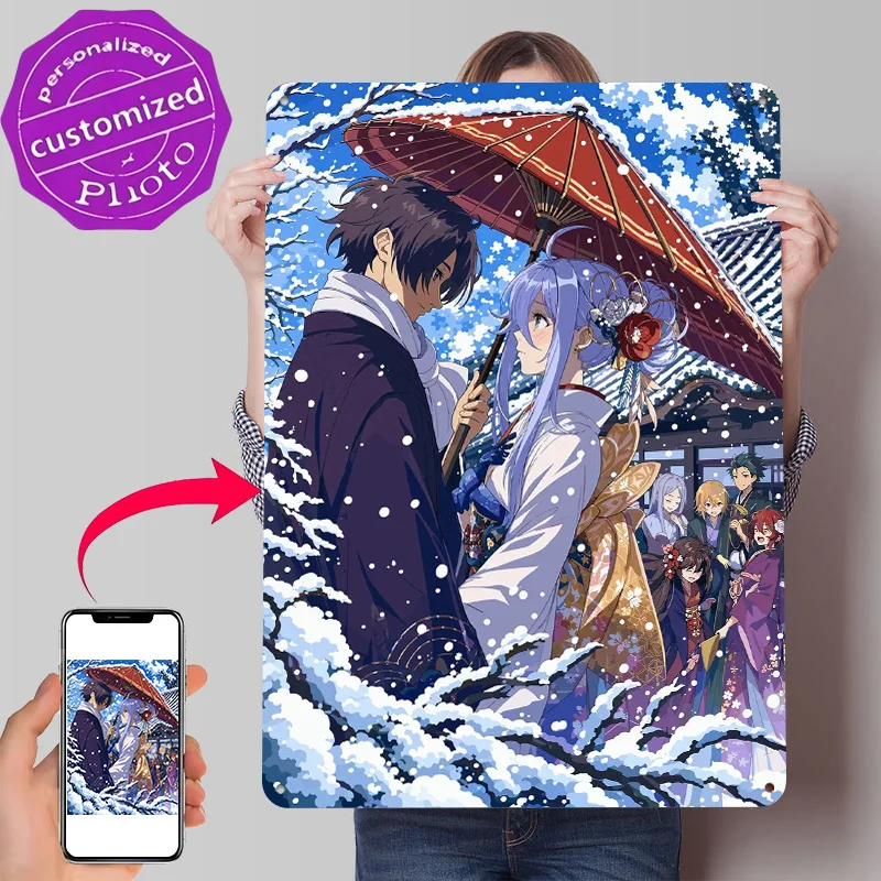 86 Anime Couple Under a Parasol in Snow 3D Printed Texture Poster Personalized Wall Art Retro Metal Tin Signs for Home Decor