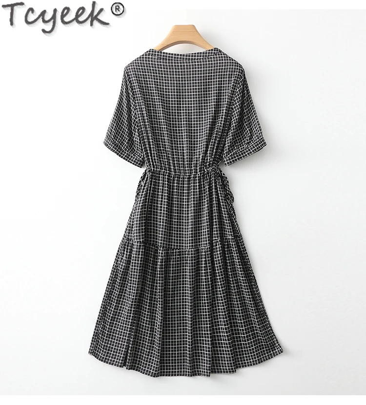 

Tcyeek 92% Mulberry Silk Elegant Dresses for Women Clothing Fashion Summer Dresses Women's Party Dress Plaid Платье Женское 2024