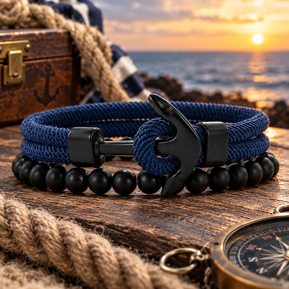 Klassisches 2-teiliges Set: Anker-Seil-Perlenarmband für Herren, handgefertigt, zweilagig, 6 mm, mattes Steinarmband, elastisch, Charm-Armband, Business-Herrenschmuck