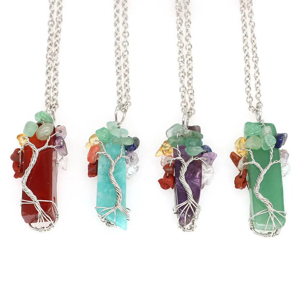 

7 Chakra Tree Of Life Irregular Slice Stone Pendant Natural Healing Crystal Reiki Amethyst Pink Quartz Necklace Jewelry Gift