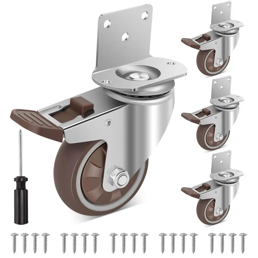 

3 Inch Side Mount Casters Wheels, LShaped Casters Set of 4, 360 Degree Swivel No Noise Casters, Heavy Duty Locking Furniture Cas