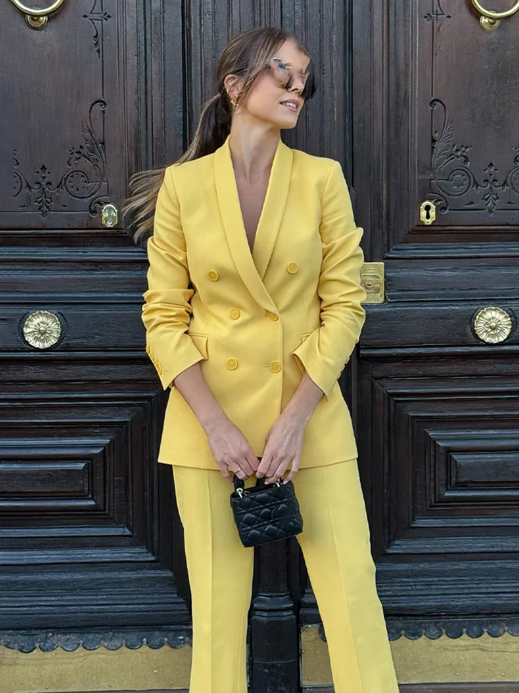 HH Conjunto amarillo para mujer, chaquetas cruzadas de manga larga con cuello vuelto + pantalones acampanados con cremallera en la cintura media, traje de primavera para mujer