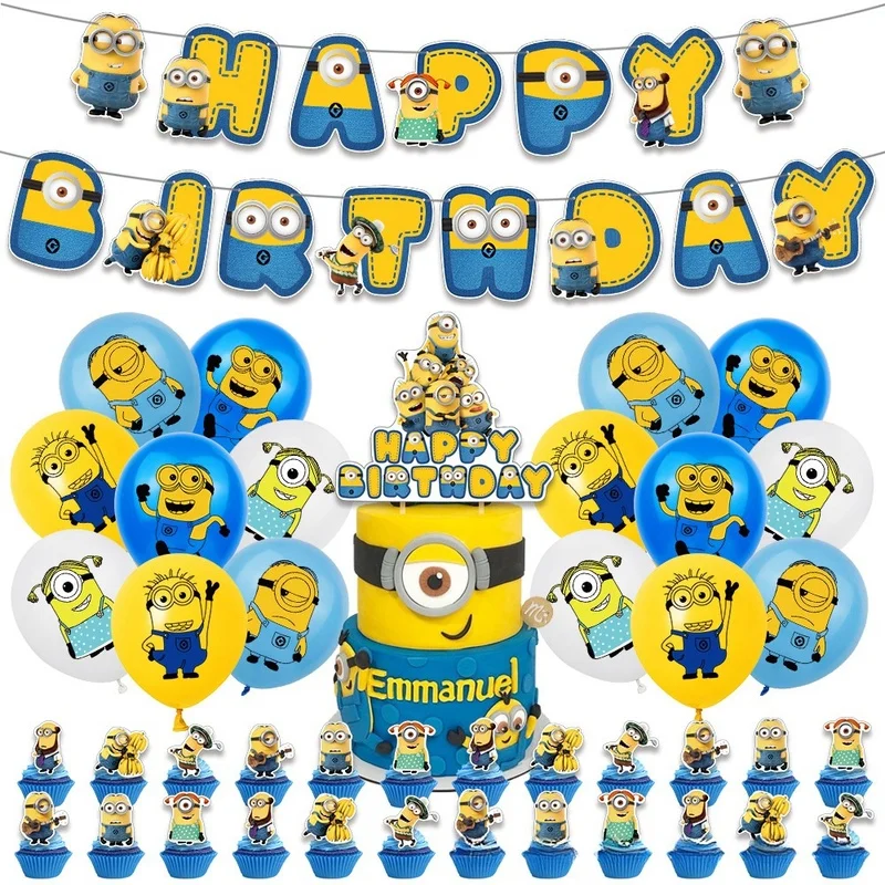 Cartoon Minions New Themed Children\'S Birthday Theme Party Decoration Supplies One-Time Flag-Raising Balloon Background Set Gift