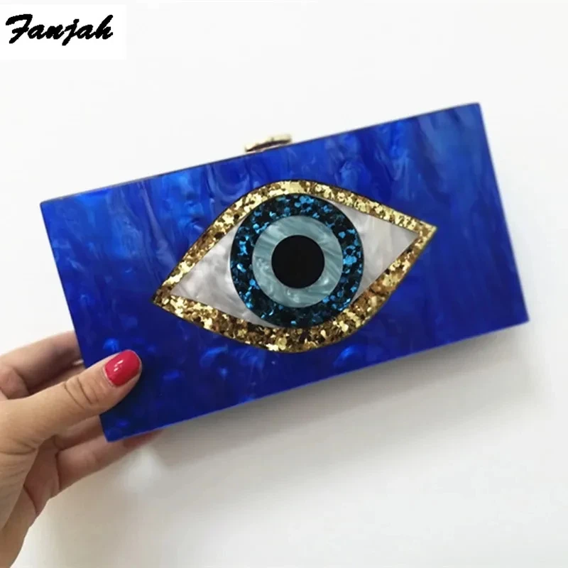 Pearl blue colorful evil eye box clutches women shoulder Flap Cartoon acrylic purse wallet travel brand party gilr bags handbags