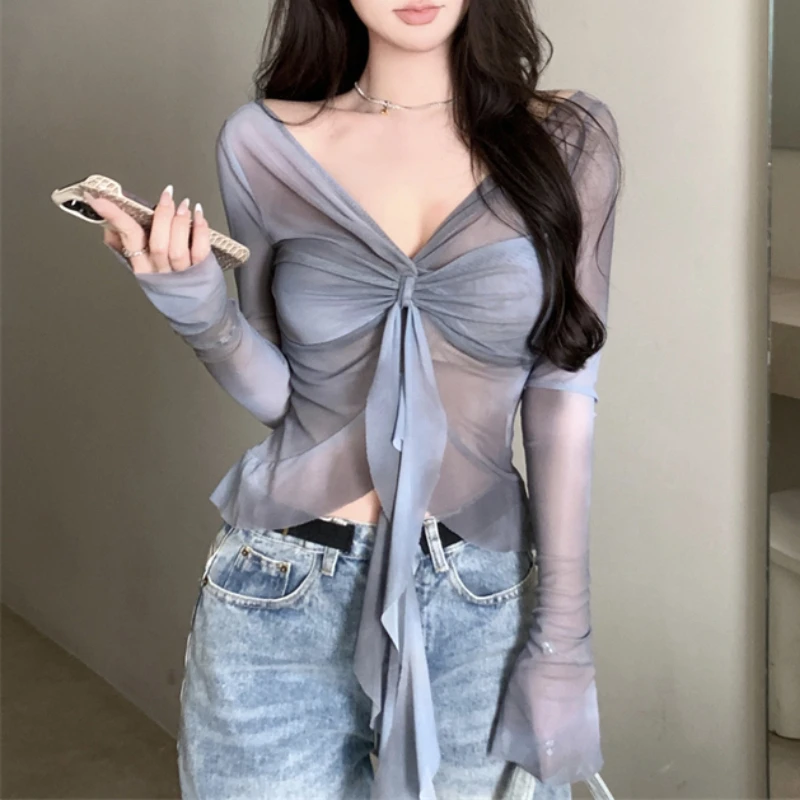 

Vintage V-neck Pleated Casual Mesh Long-sleeved T-shirt Women 2024 Summer New Korean Contrast Color Tie-dye Sexy Slim Crop Tops