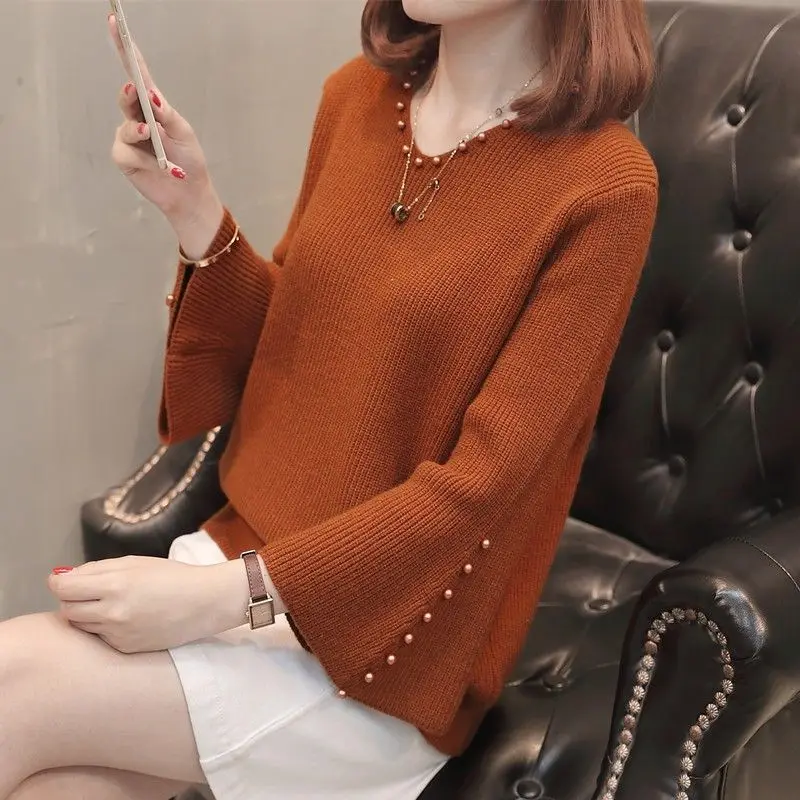 Spring Autumn New Loose All-match Knitting Tops Solid Color 3/4 Sleeve V Neck Elegant Sweaters Fashion Vintage Womne Clothing